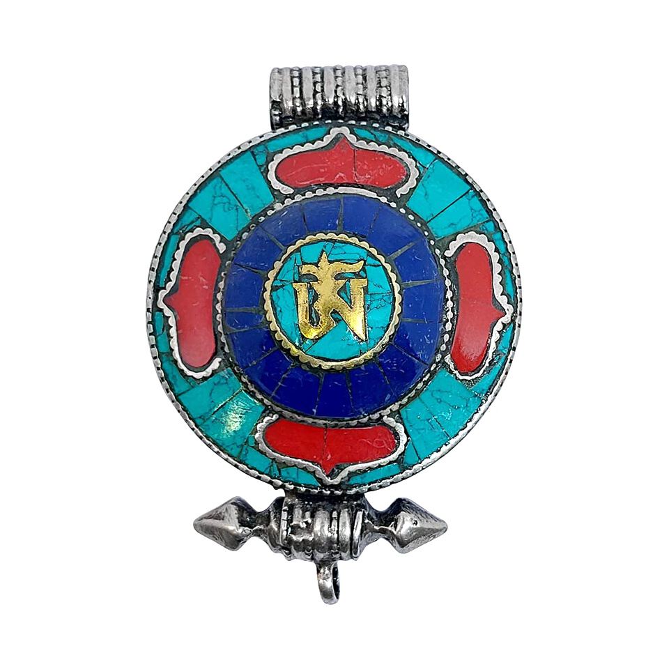Tibetan round pendant with turquoise, lapis, and coral inlay