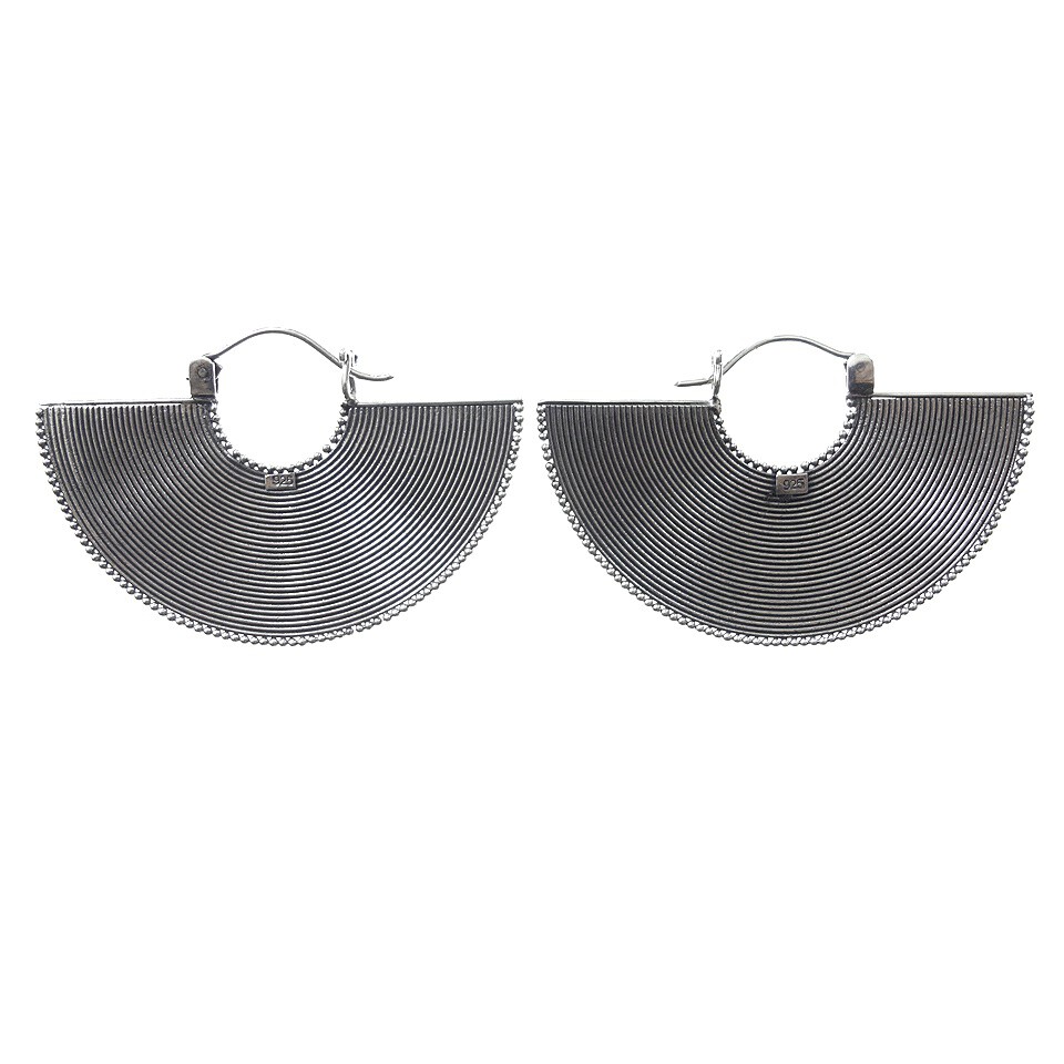 925 sterling silver half-moon hoop earrings, oxidized concentric design