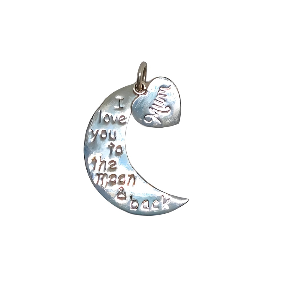 Moon & heart pendant with "Mum" and love message engraving