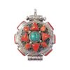 Tibetan round pendant with stabilized turquoise center and coral triangle inlays