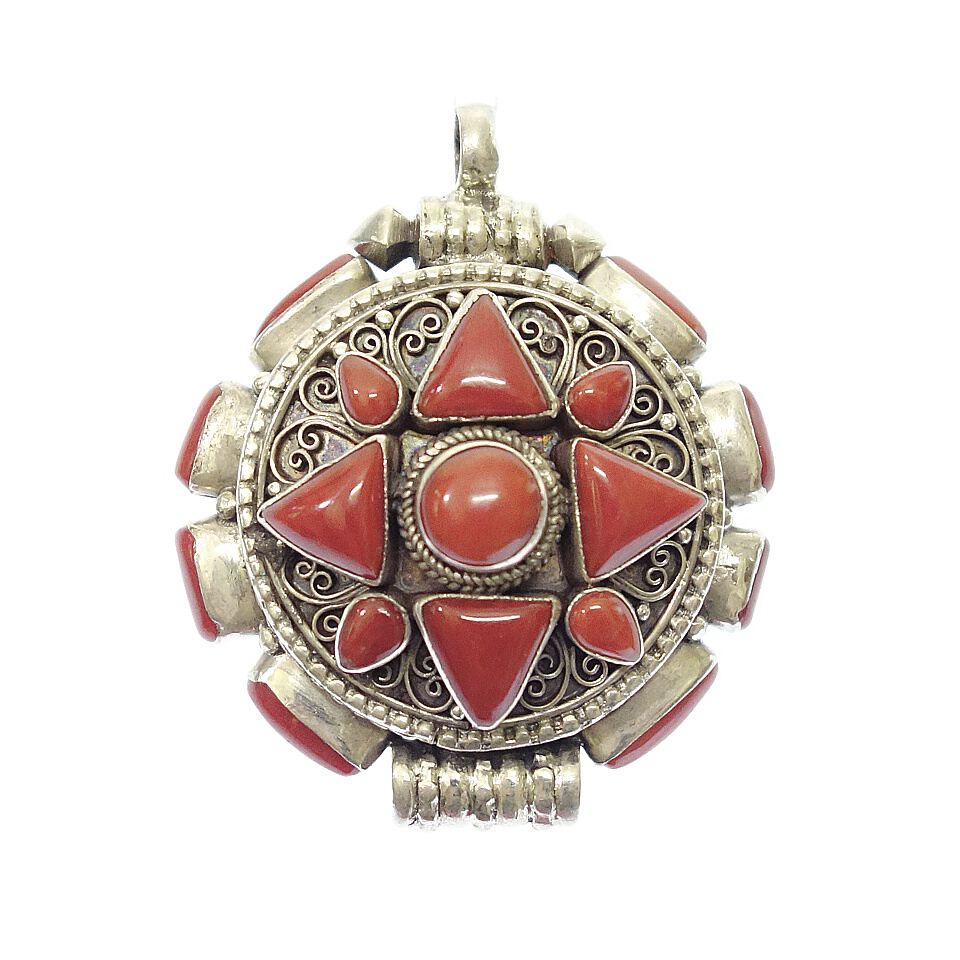Tibetan round pendant with full coral inlay and antique silver finish