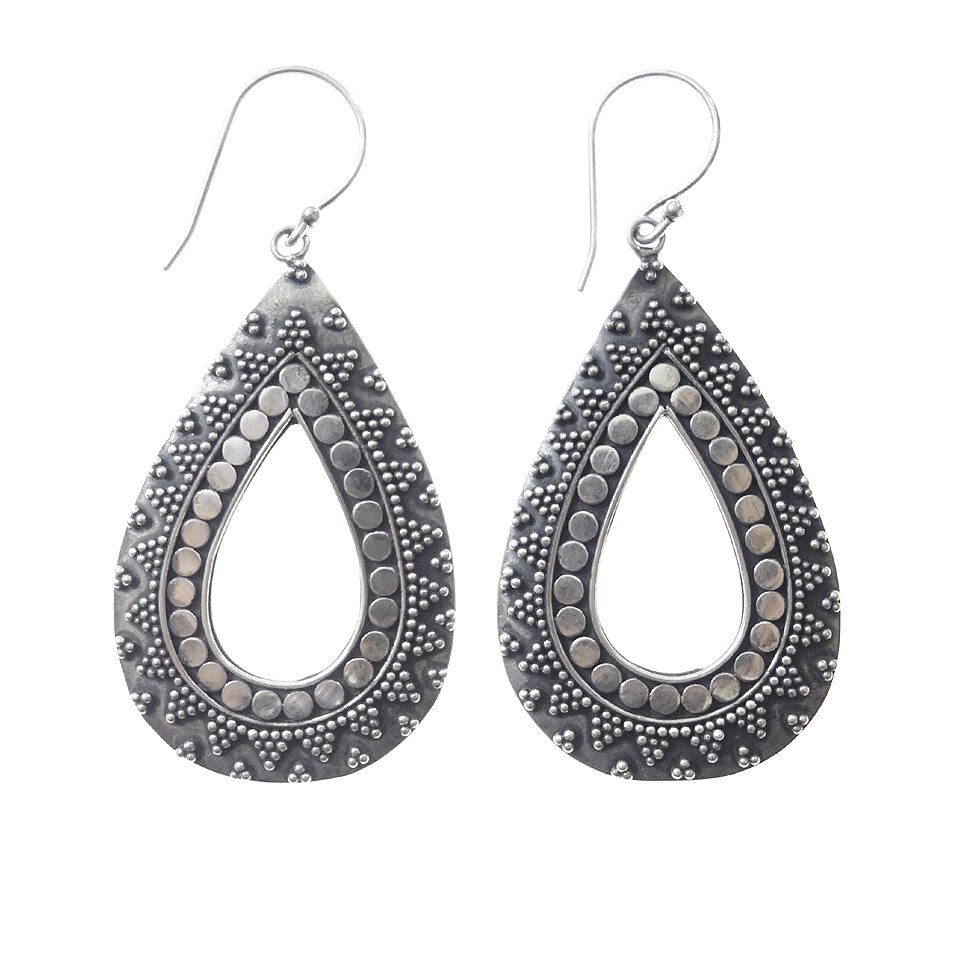 Teardrop oxidized silver earrings with dotted tribal pattern