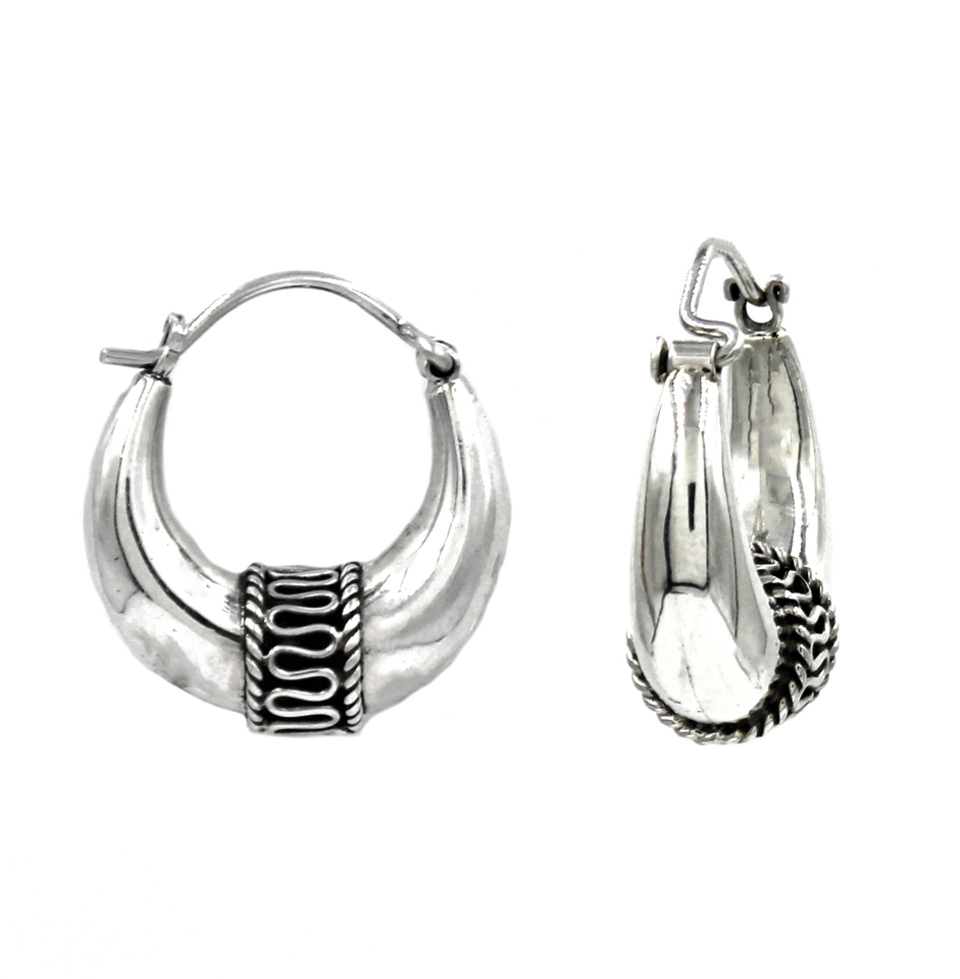 925 sterling silver crescent hoop earrings, oxidized tribal rope detail