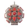 Tibetan round pendant with coral inlay and intricate silver filigree design