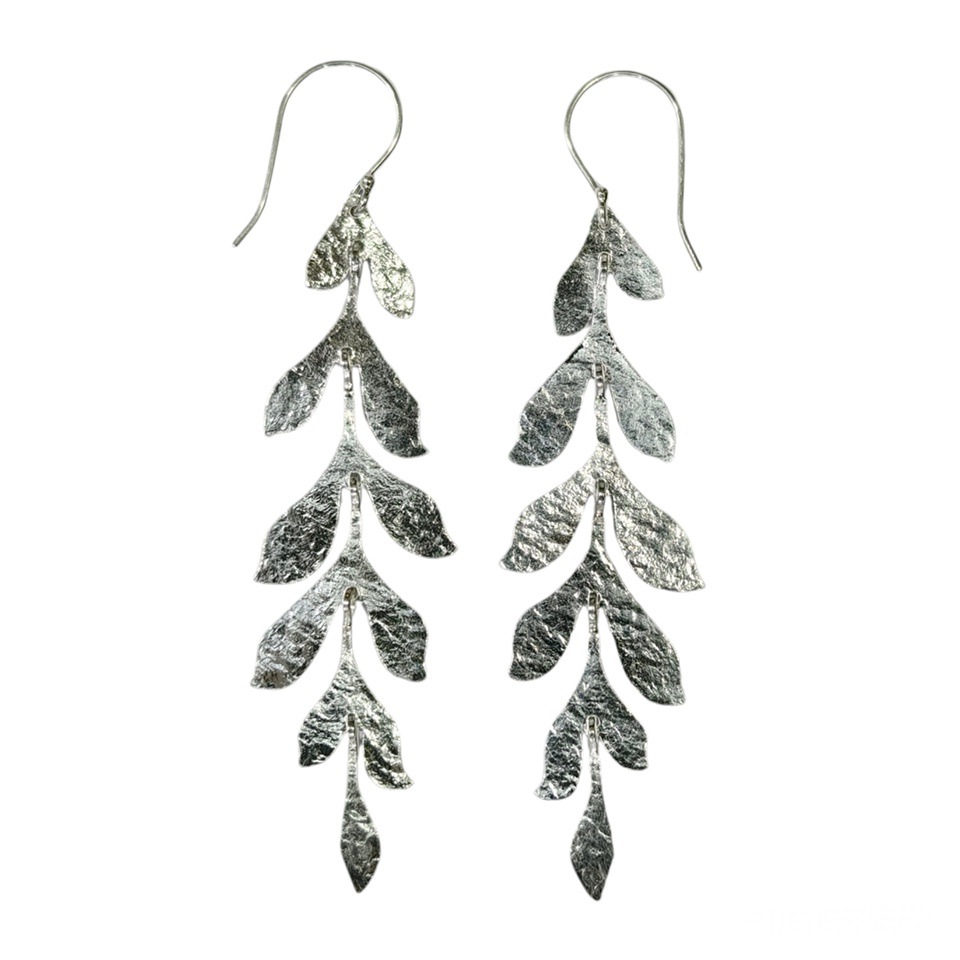925 sterling silver dangle earrings, cascading leaf hammered design