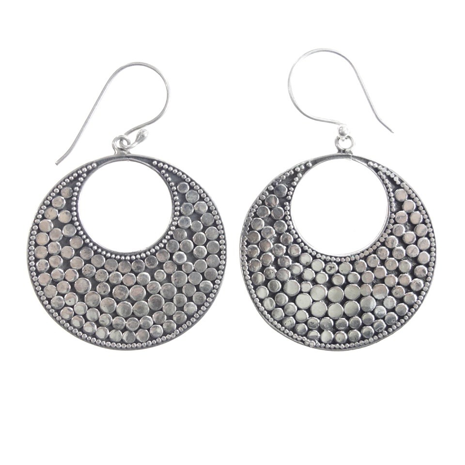 Oxidized silver crescent earrings with hammered dot pattern detailing