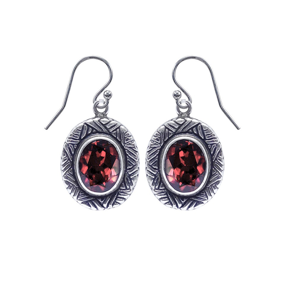 925 sterling silver textured oval drop earrings with faceted garnet gemstones