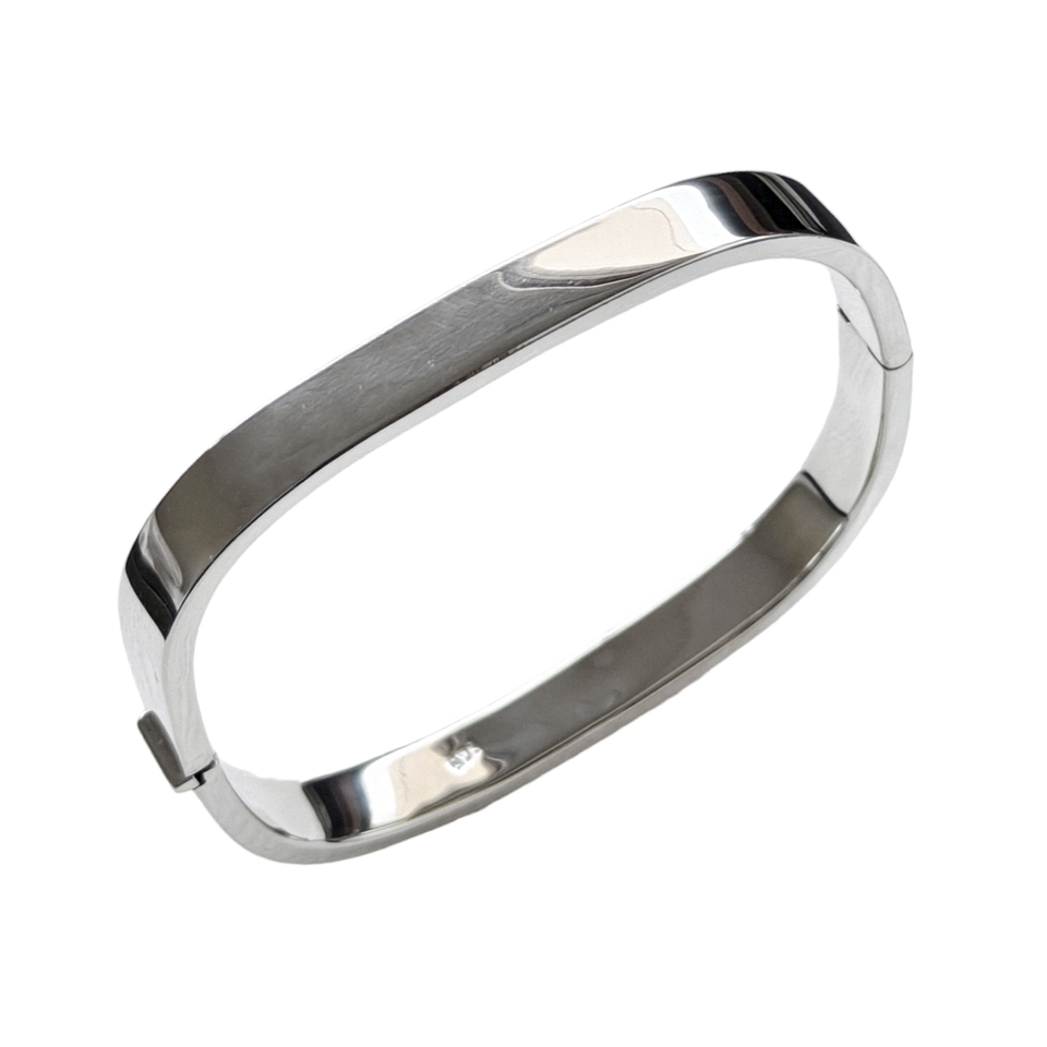 Plain square-edge 925 sterling silver polished bangle bracelet with hinged clasp