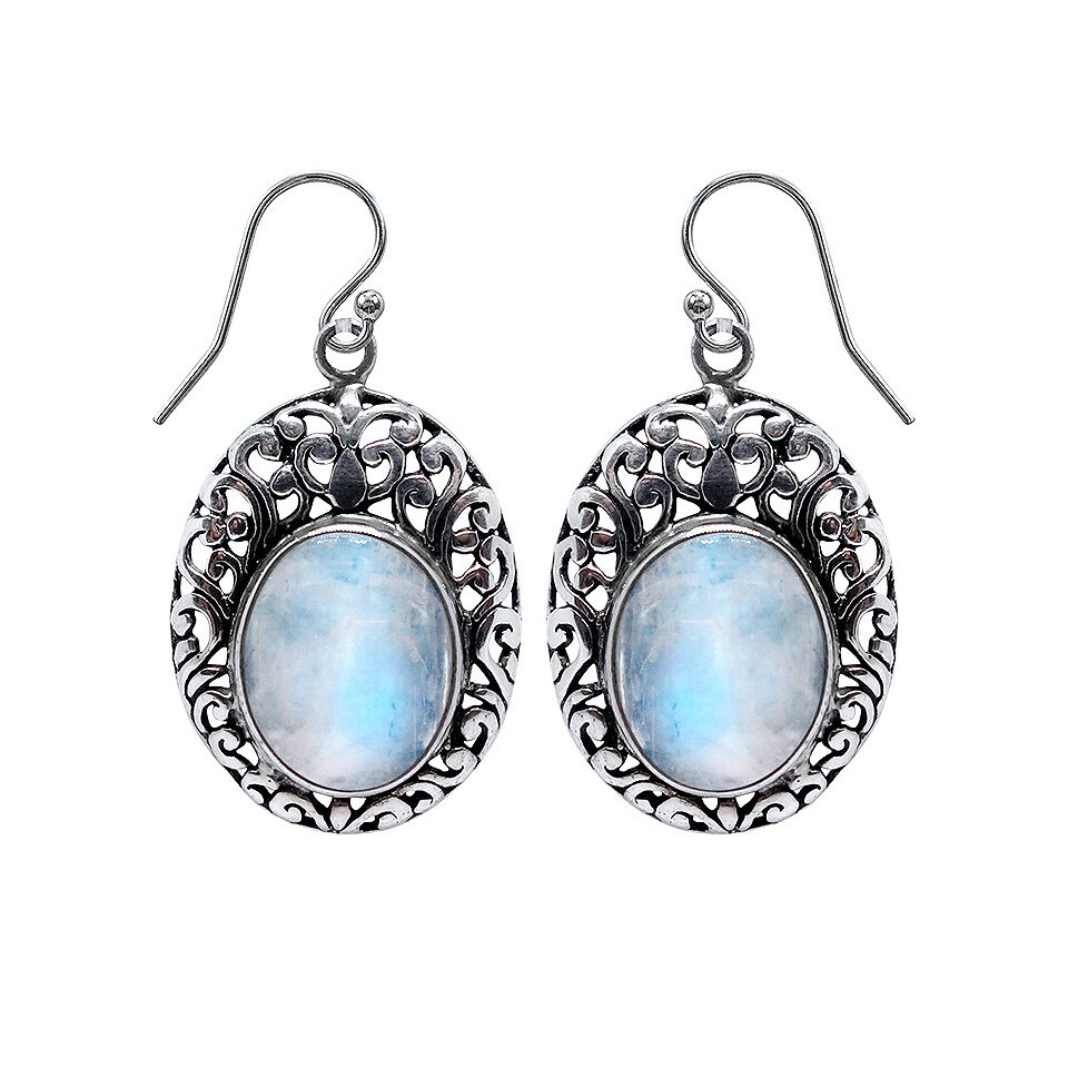 925 sterling silver moonstone oval earrings with intricate filigree design