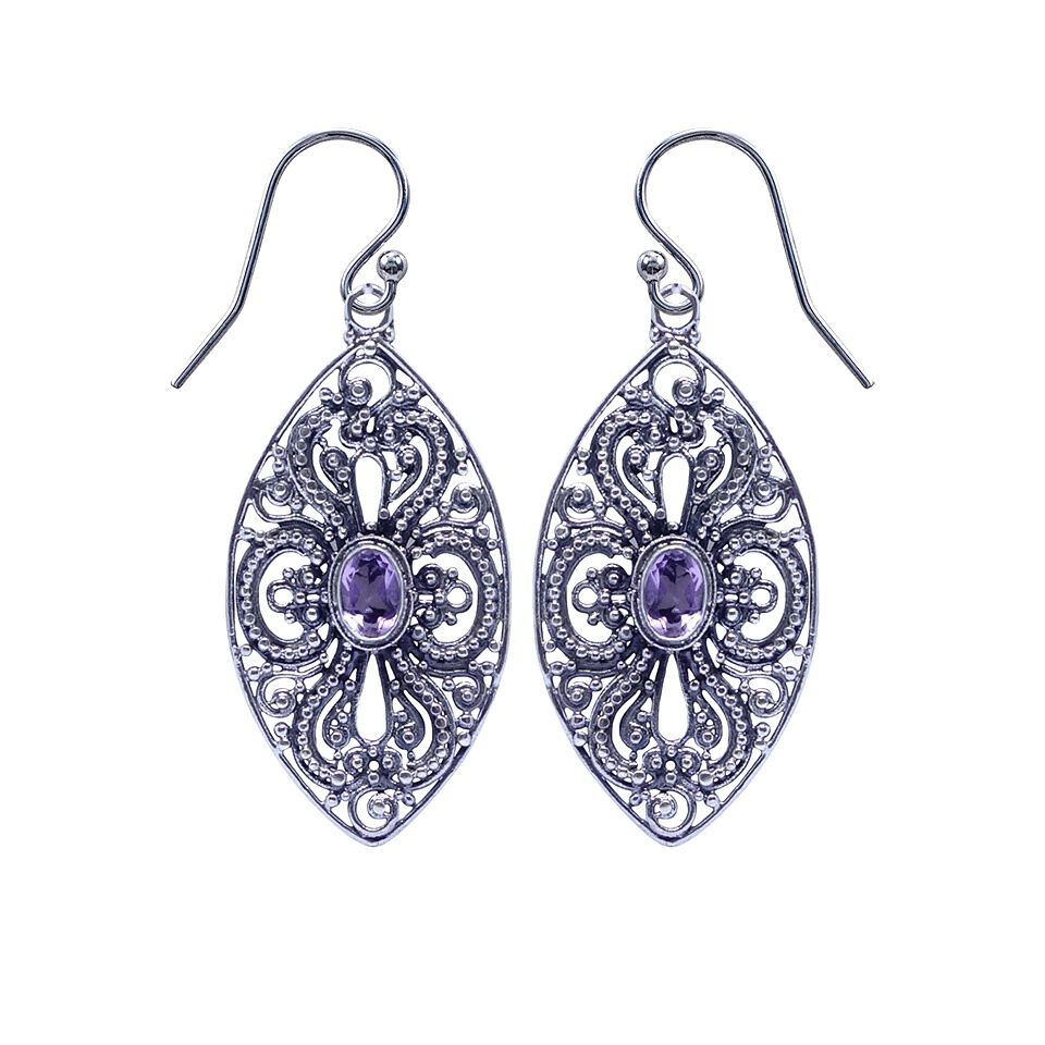 925 sterling silver marquise filigree dangle earrings with oval amethyst gemstones