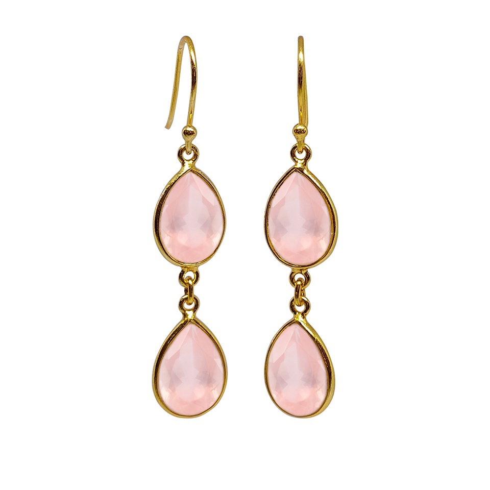 Gold-plated double drop earrings with faceted rose quartz gemstones