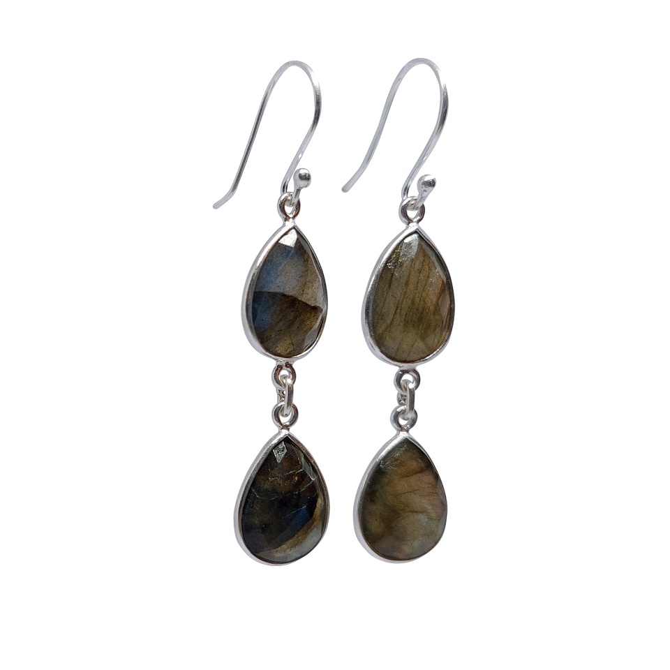 925 sterling silver double drop earrings with faceted labradorite gemstones