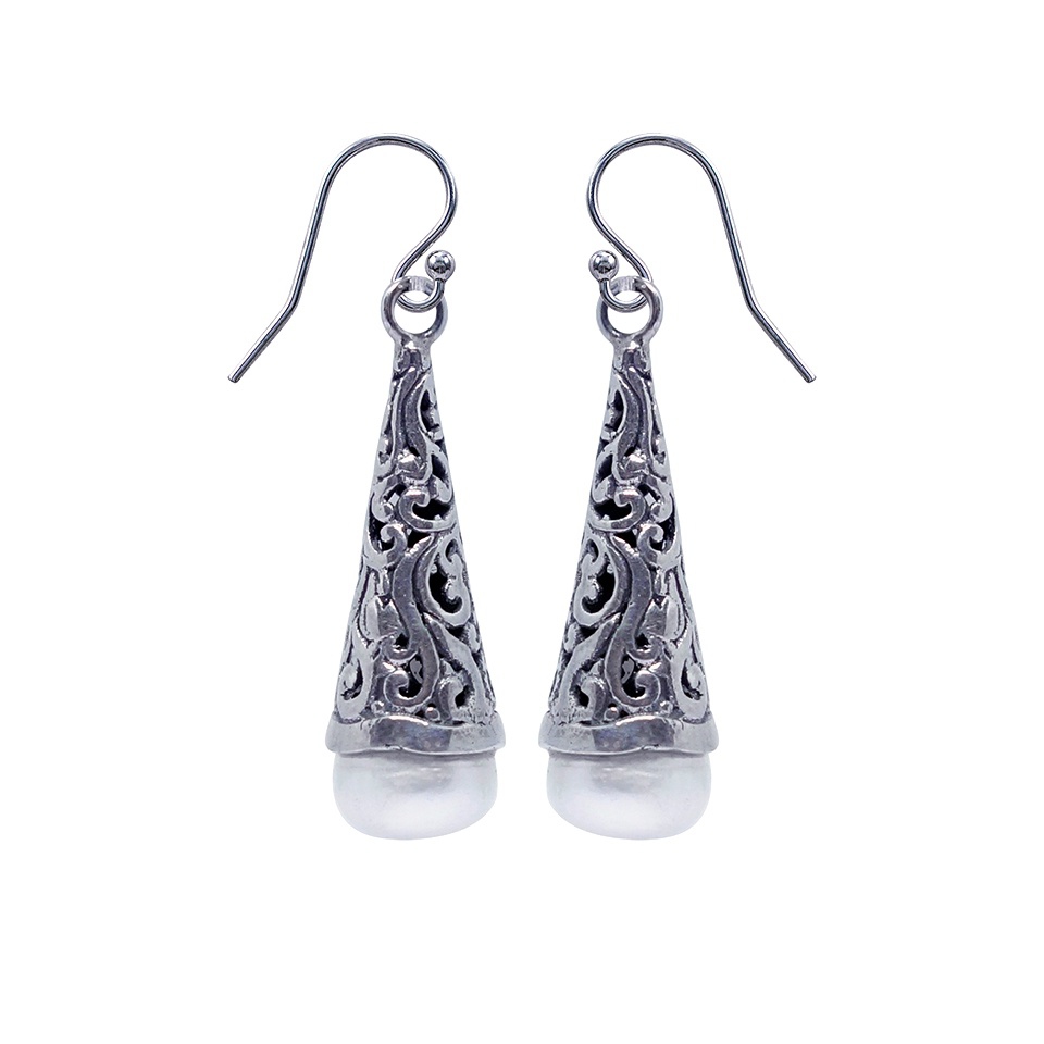 925 sterling silver filigree cone drop earrings with white pearls