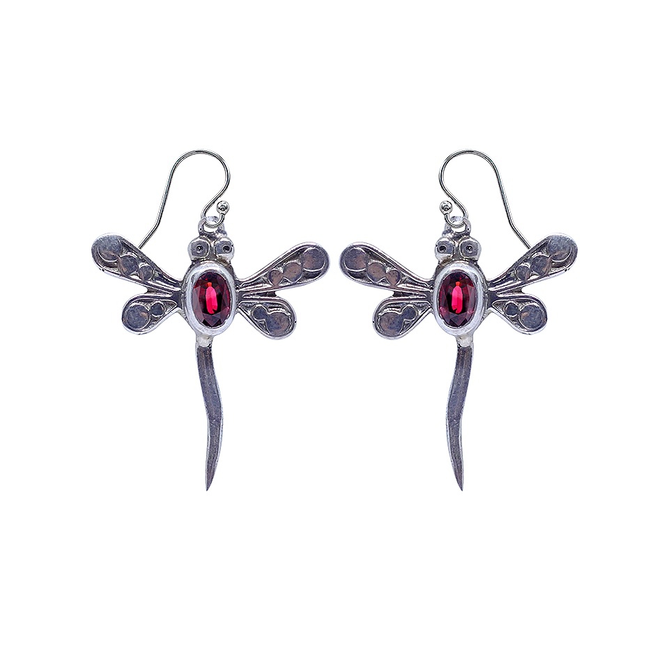 925 sterling silver dragonfly earrings with oval garnet gemstone