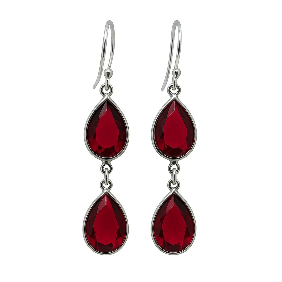 925 sterling silver double teardrop dangle earrings with faceted red garnet gemstones
