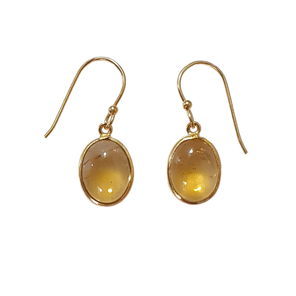 Gold-plated oval drop earrings with cabochon yellow gemstone