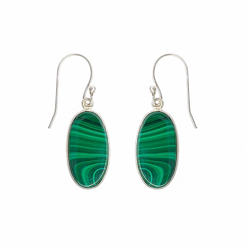 925 sterling silver oval malachite dangle earrings