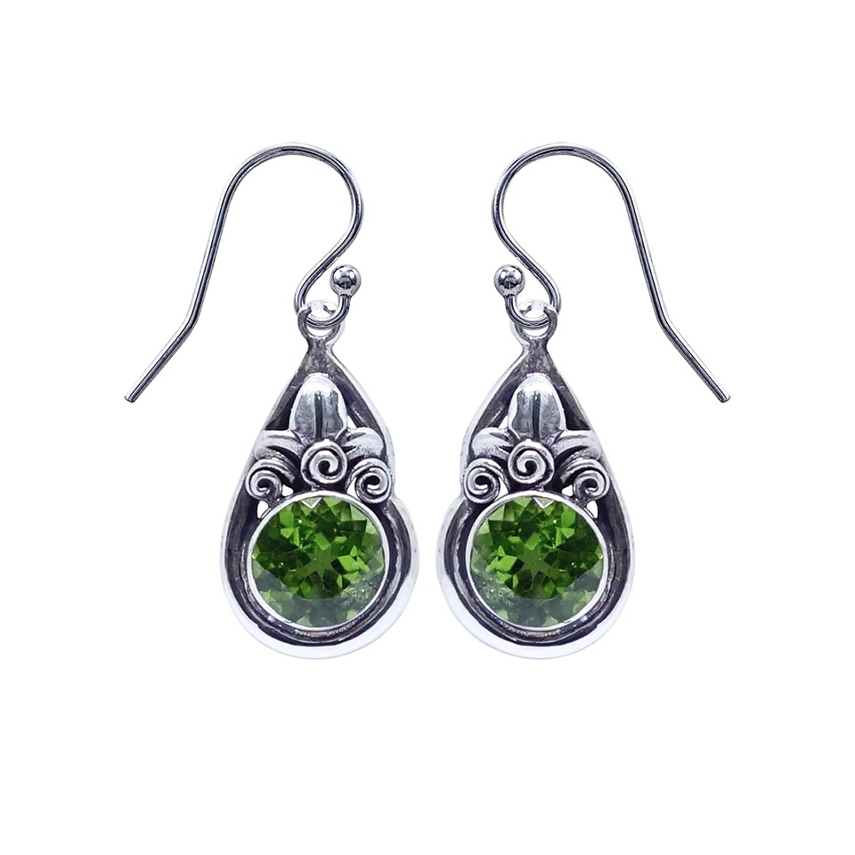 925 sterling silver teardrop earrings with round peridot gemstone