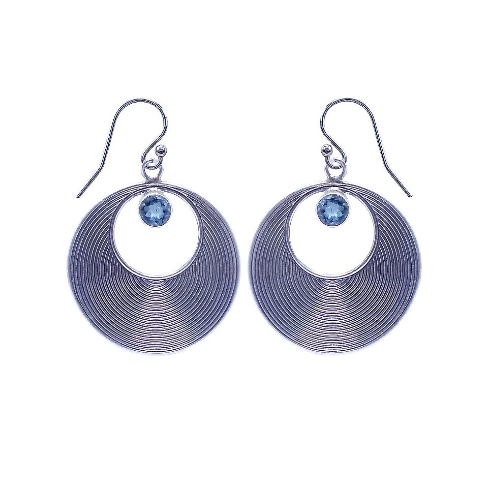 925 sterling silver spiral circle earrings with blue topaz