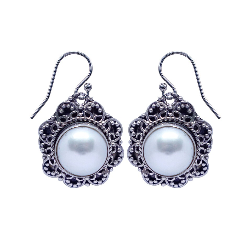925 sterling silver floral design drop earrings with round white freshwater pearls