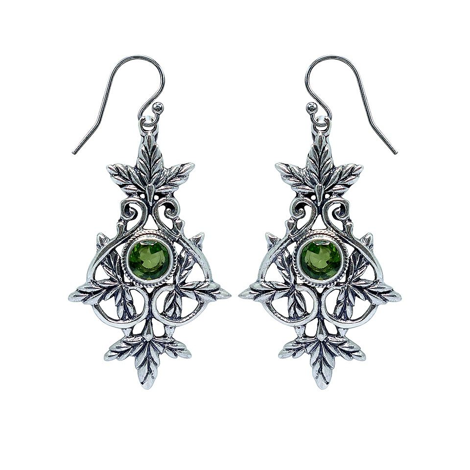 925 sterling silver leaf design dangle earrings with round green peridot gemstone