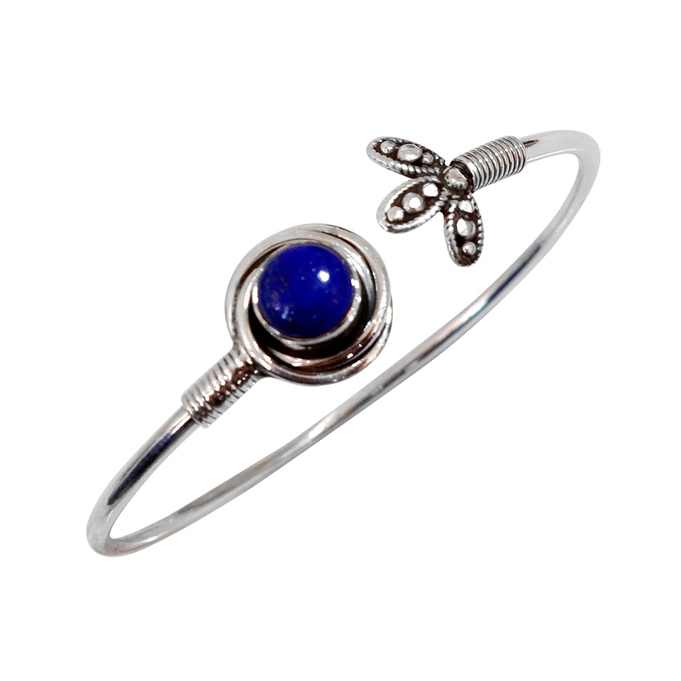 925 sterling silver dragonfly design bangle bracelet with round lapis lazuli gemstone