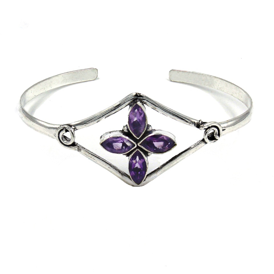 Silver cuff bracelet with marquise-cut amethyst gemstones arranged in a floral design