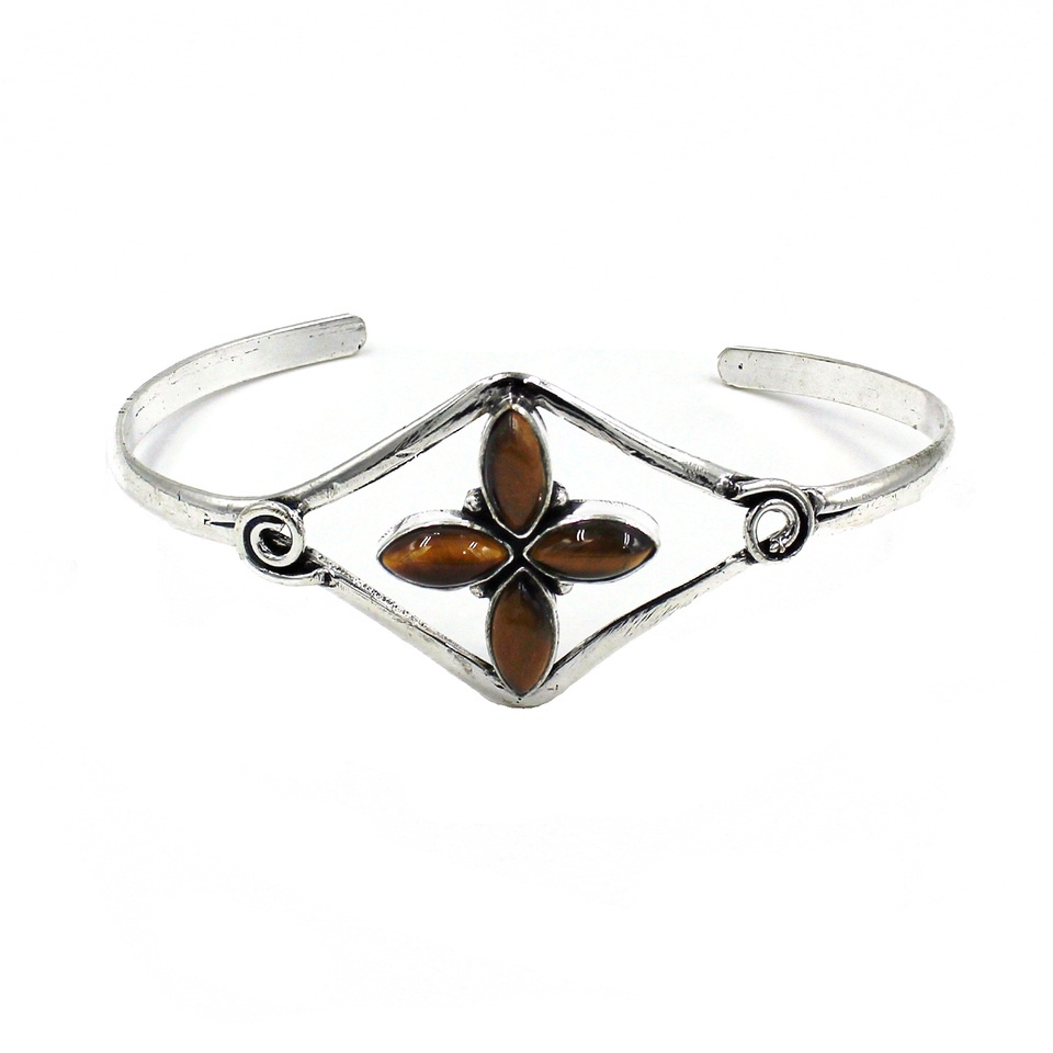 Silver cuff bracelet with marquise-shaped brown gemstones in a floral design