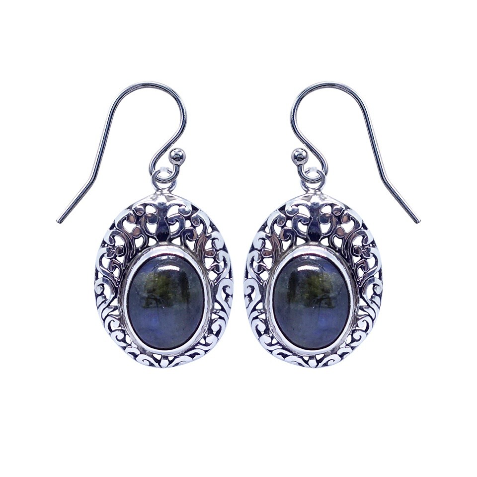 925 sterling silver oval filigree drop earrings with labradorite gemstones