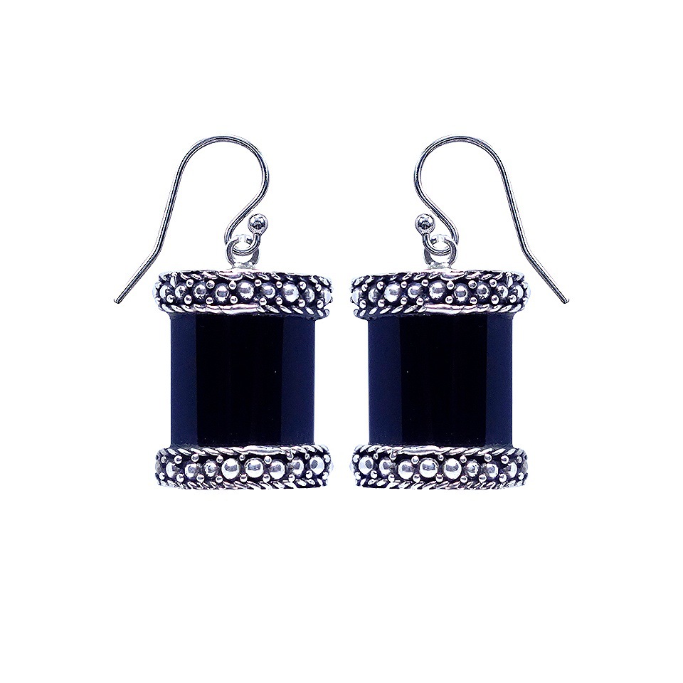 925 sterling silver dangle earrings with cylindrical black onyx gemstones and beaded detailing