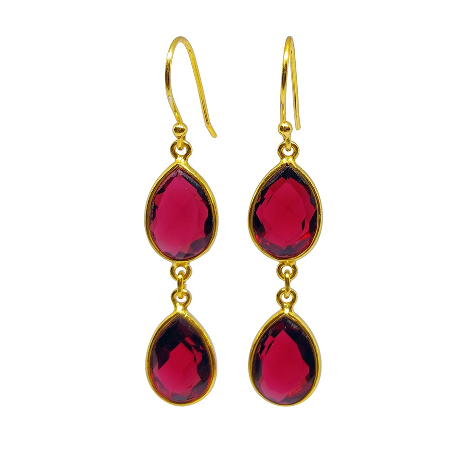 Gold-plated double teardrop garnet drop earrings