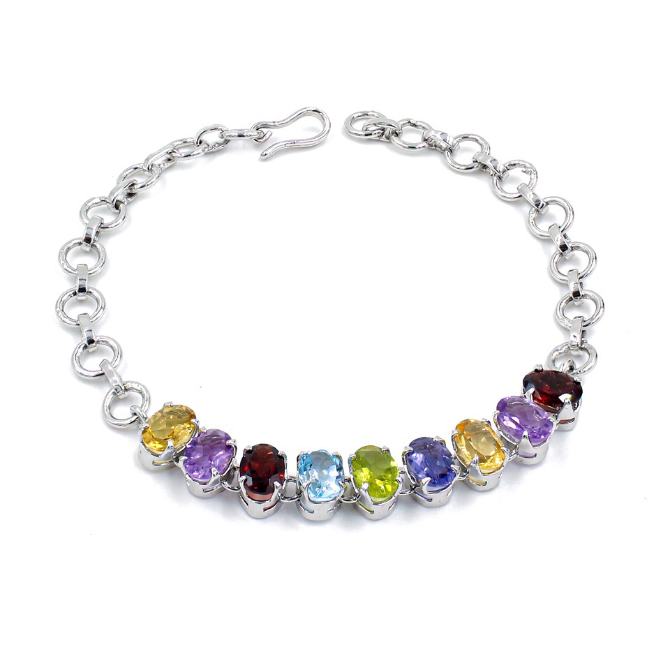 925 sterling silver adjustable bracelet with oval-cut rainbow multi-gemstones