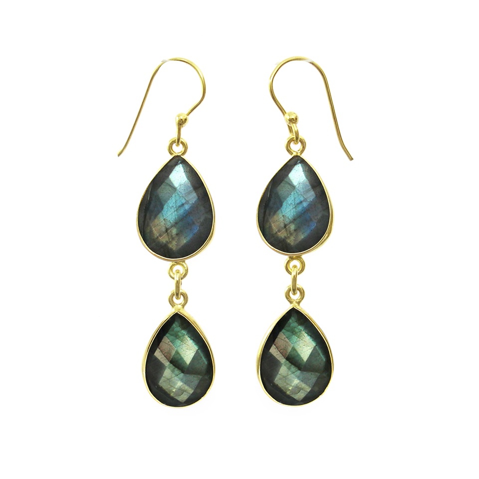 Gold-plated double drop earrings with faceted labradorite gemstones