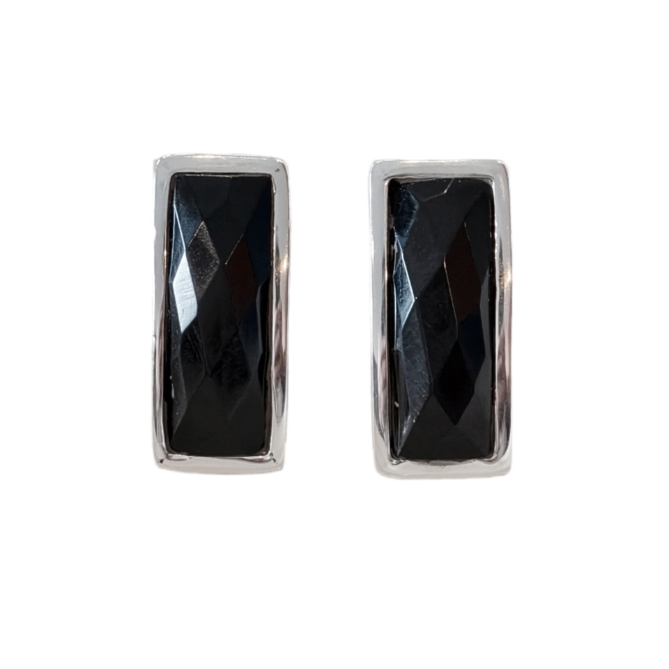 925 sterling silver rectangular stud earrings with faceted black onyx gemstone