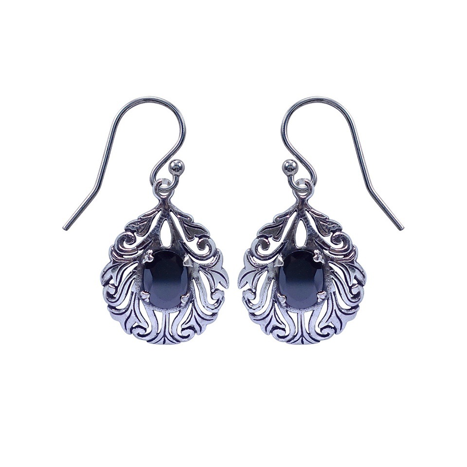 925 sterling silver filigree drop earrings with oval black onyx gemstones