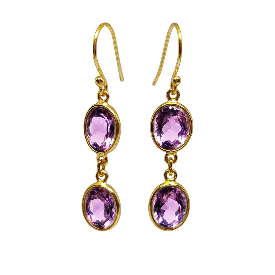 Gold-plated double oval amethyst gemstone drop dangle earrings