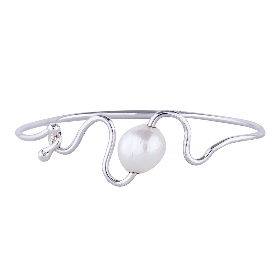 925 sterling silver wavy cuff bracelet with white freshwater pearl