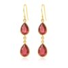 Gold-plated double drop earrings with faceted red garnet gemstones