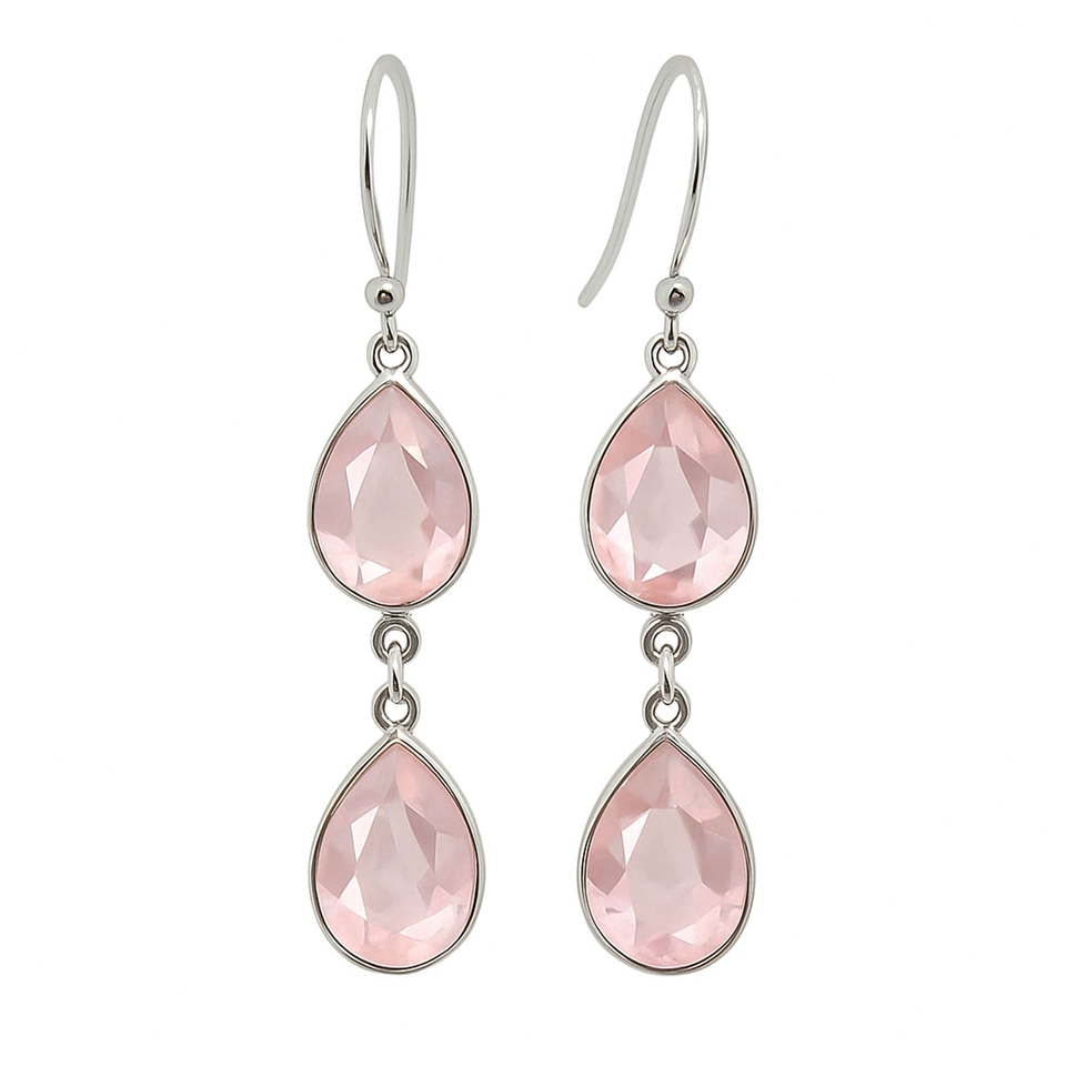 925 sterling silver double drop earrings with faceted rose quartz gemstones