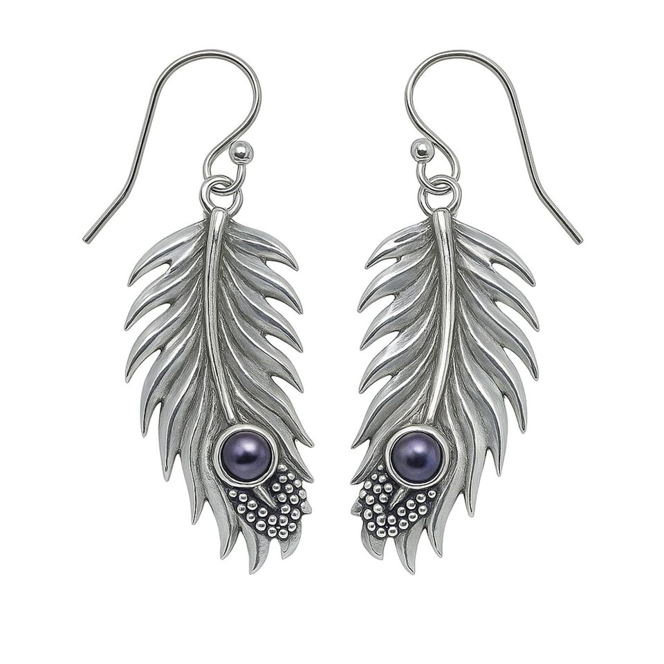 925 sterling silver feather earrings with black pearl