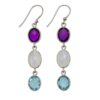 925 sterling silver triple gemstone dangle earrings with amethyst, moonstone, and blue topaz