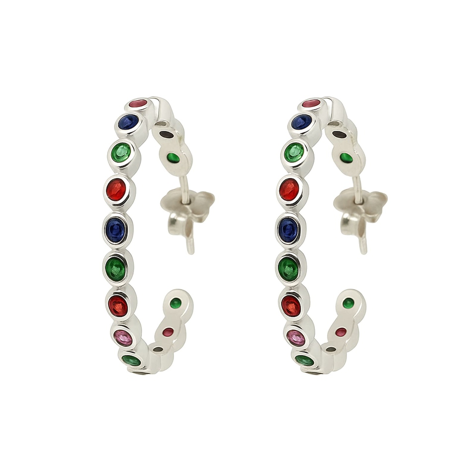 925 sterling silver hoop earrings with multicolor gemstone inlay