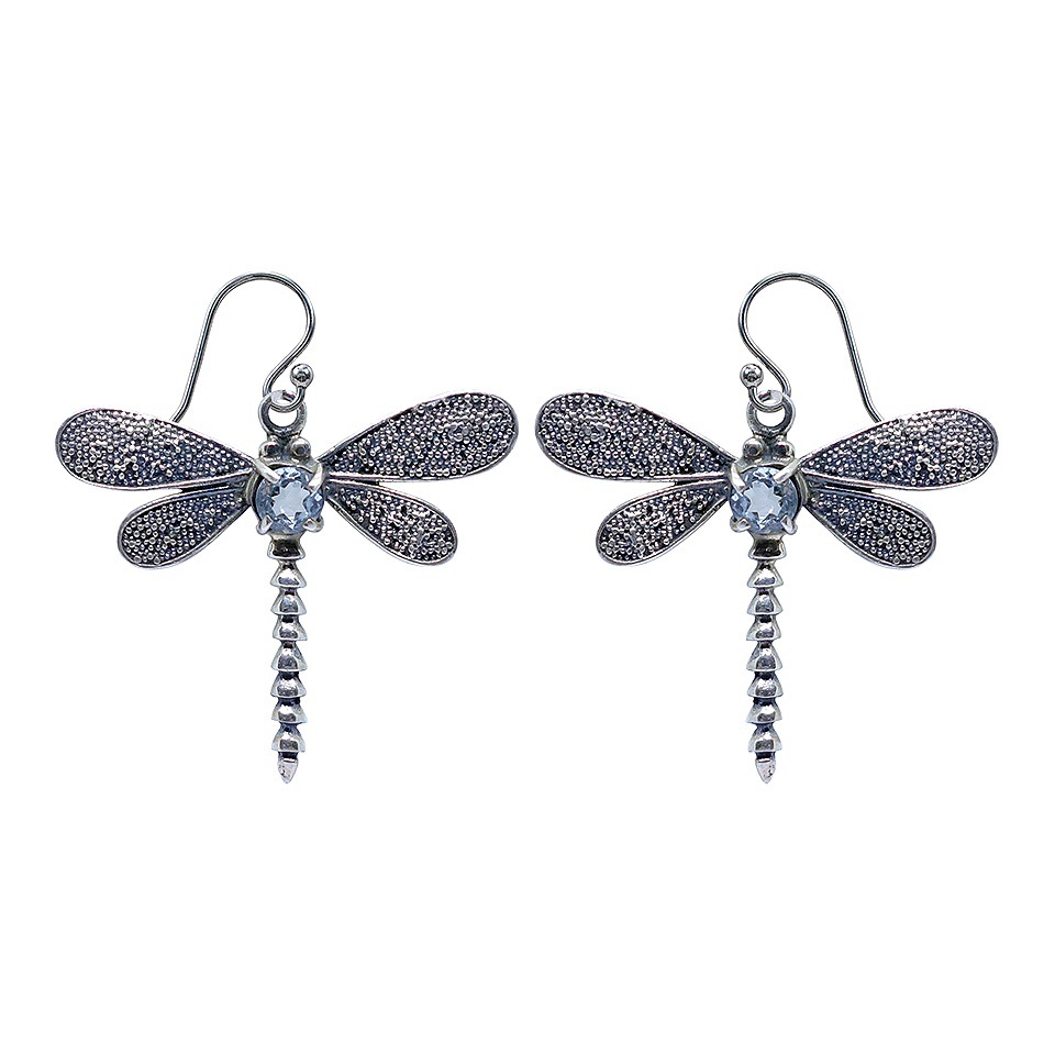 925 sterling silver dragonfly drop earrings with round aquamarine gemstones