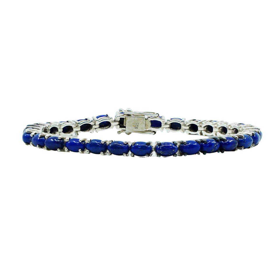 925 sterling silver tennis bracelet with oval cabochon lapis lazuli gemstones