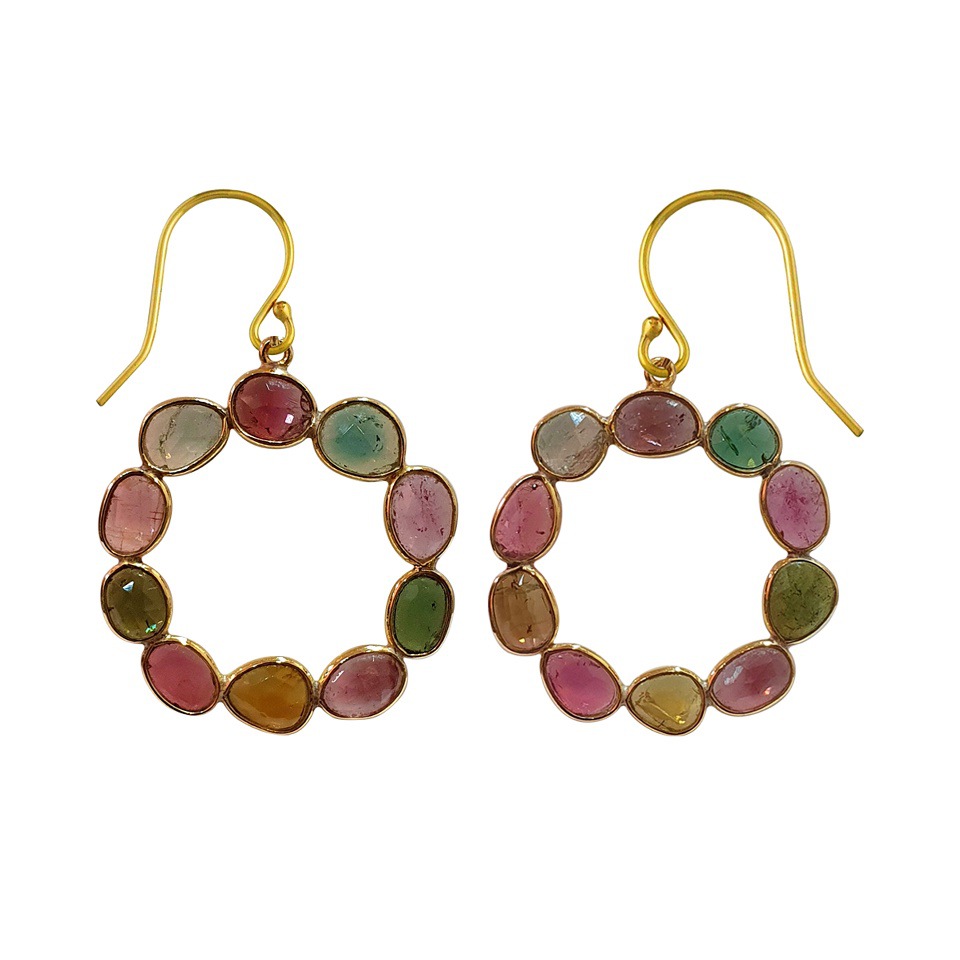 Gold-plated hoop earrings with multicolor tourmaline gemstones