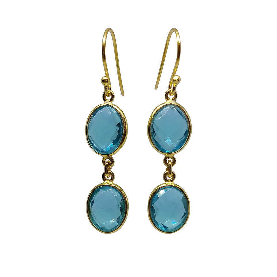 Gold-plated double oval blue topaz drop earrings