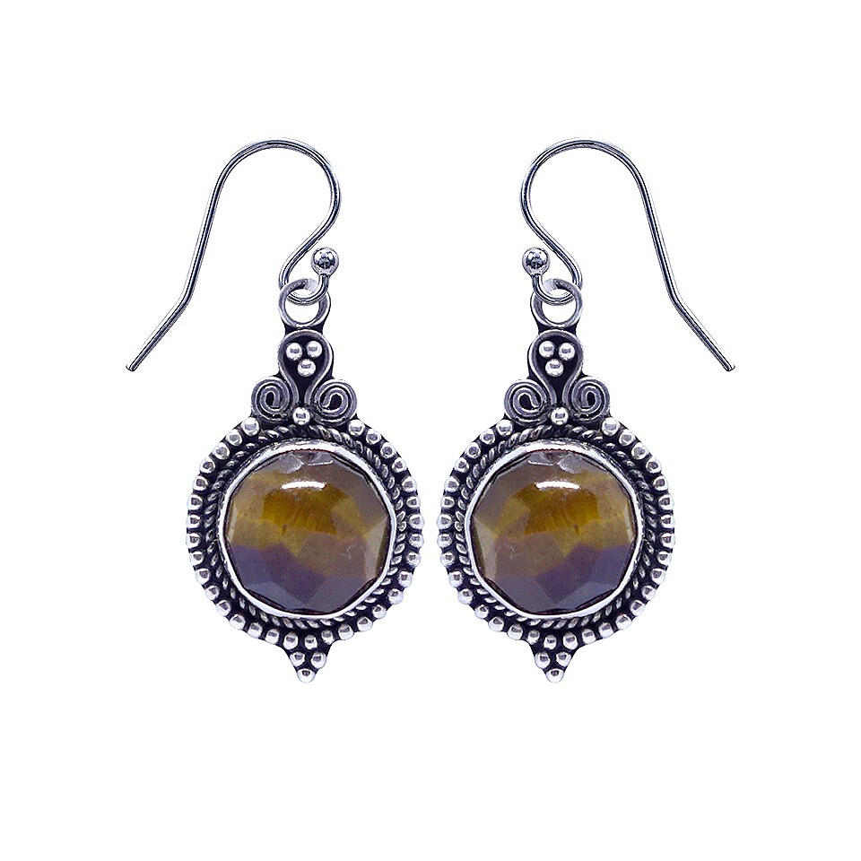925 sterling silver vintage-style dangle earrings with round faceted tiger's eye gemstones