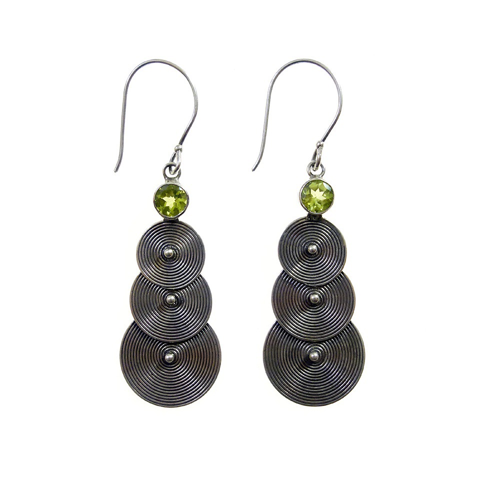 925 sterling silver triple spiral drop earrings with round peridot gemstones