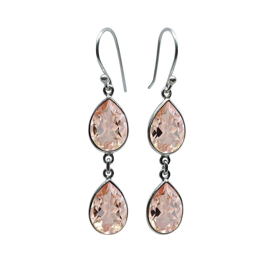 925 sterling silver double teardrop dangle earrings with peach morganite gemstones