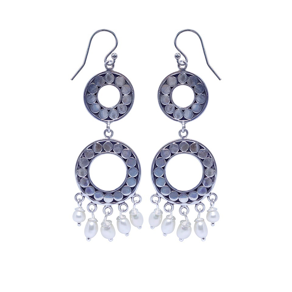 925 sterling silver double circle dangle earrings with white freshwater pearl drops